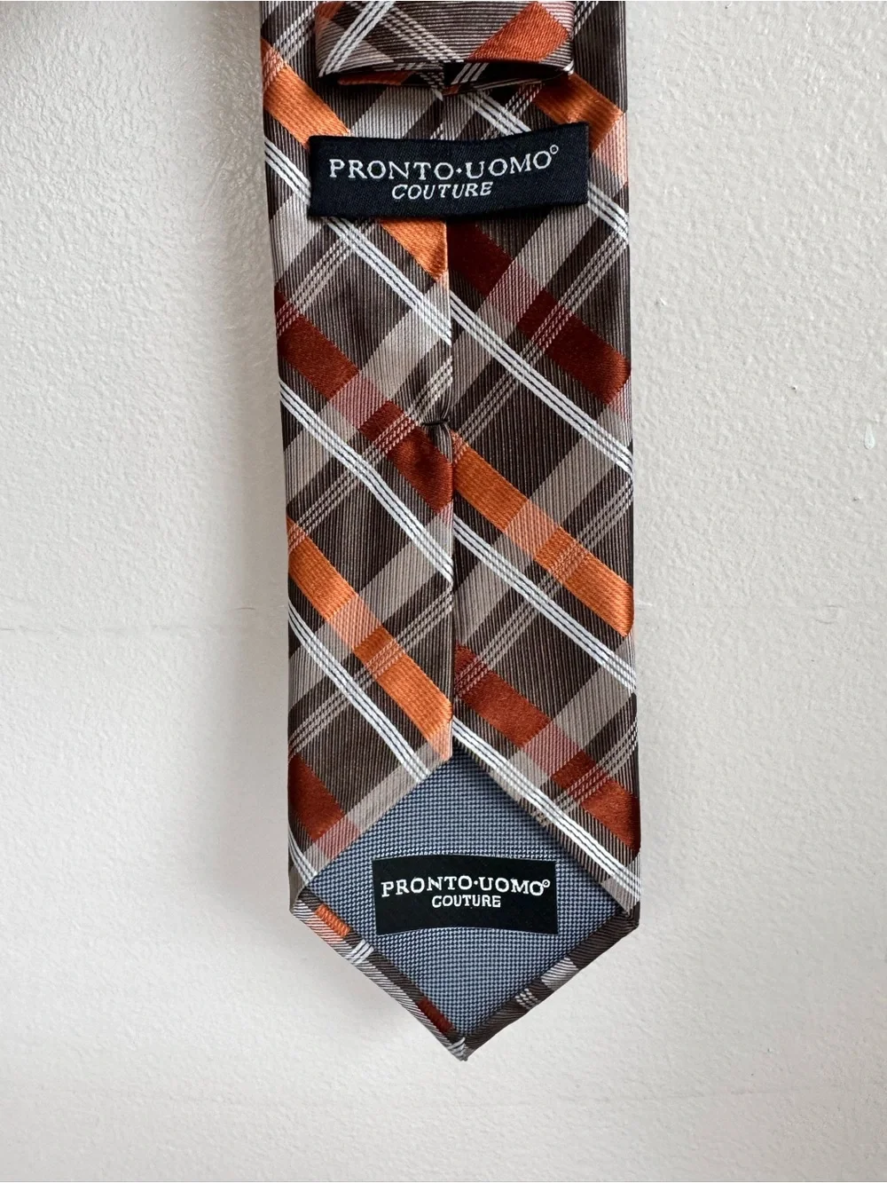 Pronto-Uomo Couture Hand Made 100% Silk Orange, Brown, & White Plaid Fall Tie